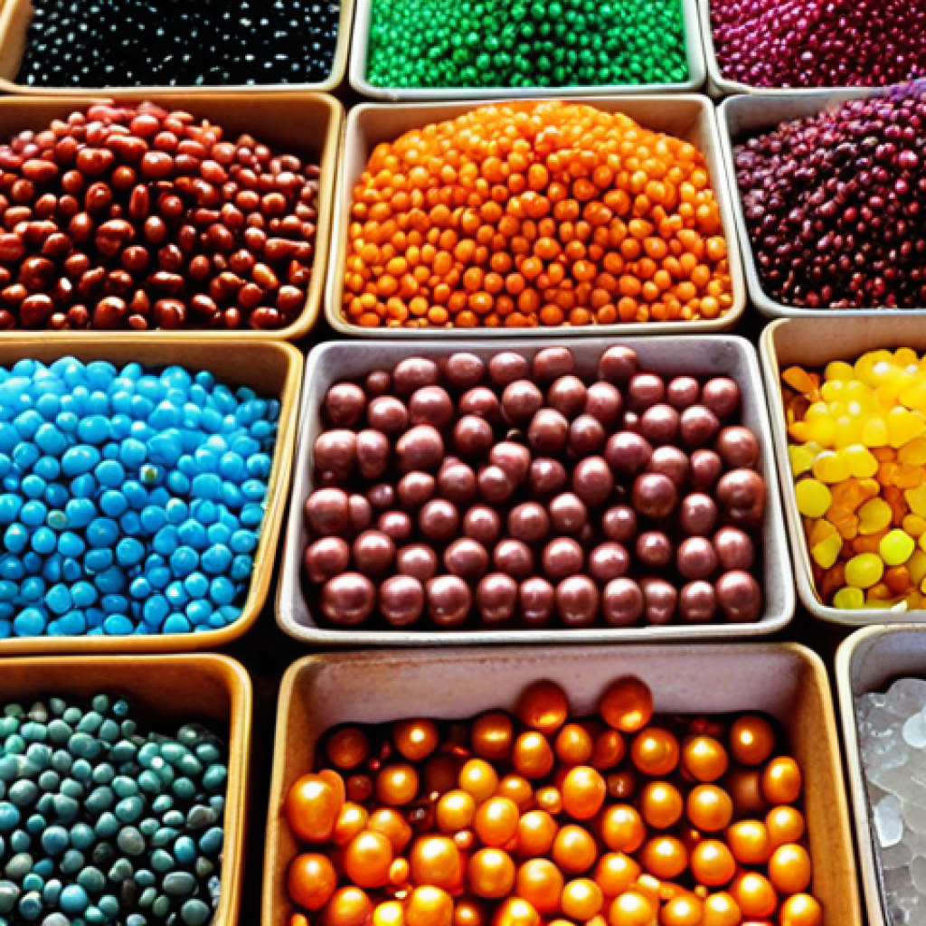 ** A close-up shot of various colorful beads and gemstones displayed at a stall in Ben Thanh Market (Cho Ben Thanh), Ho Chi Minh City. Focus on the vibrant colors and textures.

**