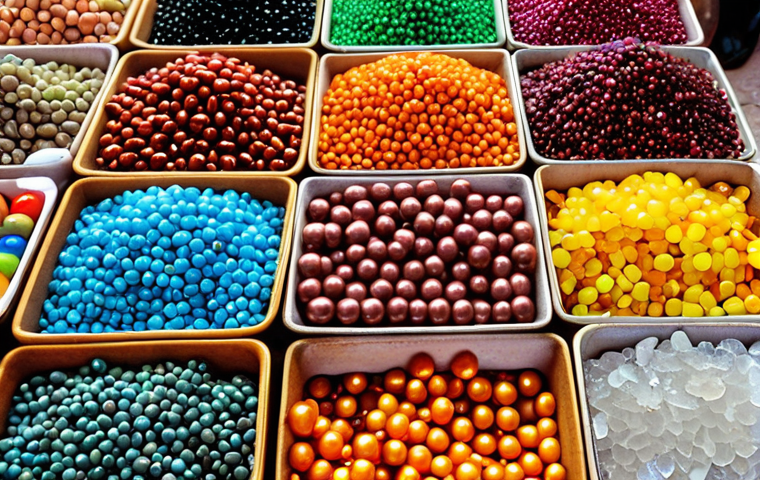 ** A close-up shot of various colorful beads and gemstones displayed at a stall in Ben Thanh Market (Cho Ben Thanh), Ho Chi Minh City. Focus on the vibrant colors and textures.

**