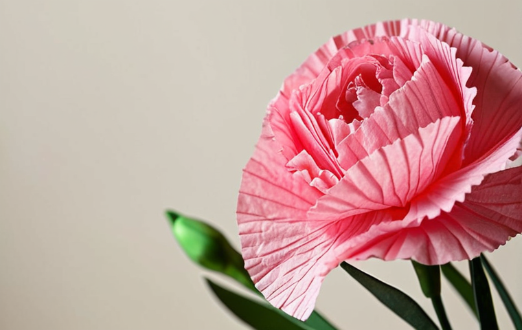 **
A close-up shot of a handmade pink carnation made from crepe paper. The focus is on the delicate, ruffled petals and the subtle texture of the paper. Soft, diffused lighting to highlight the flower's beauty. Emphasize the feeling of love and respect.
**
