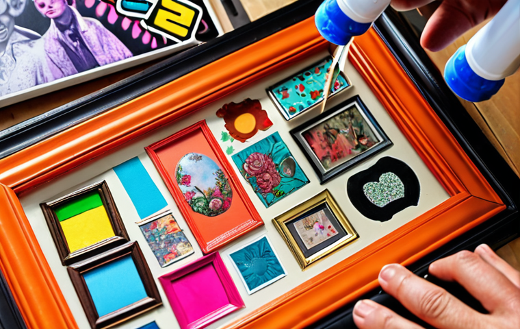 **

A close-up shot of an old picture frame being spray-painted a vibrant color, with various colorful decals and stickers scattered around it. Focus on the transformation from old to new, highlighting the DIY/upcycling aspect. Background slightly blurred to emphasize the frame.

**