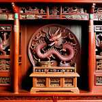 **Intricately carved wooden ancestral altar:** A close-up shot of a traditional Vietnamese wooden altar, showcasing detailed carvings of dragons and phoenixes. Emphasize the craftsmanship and cultural significance.