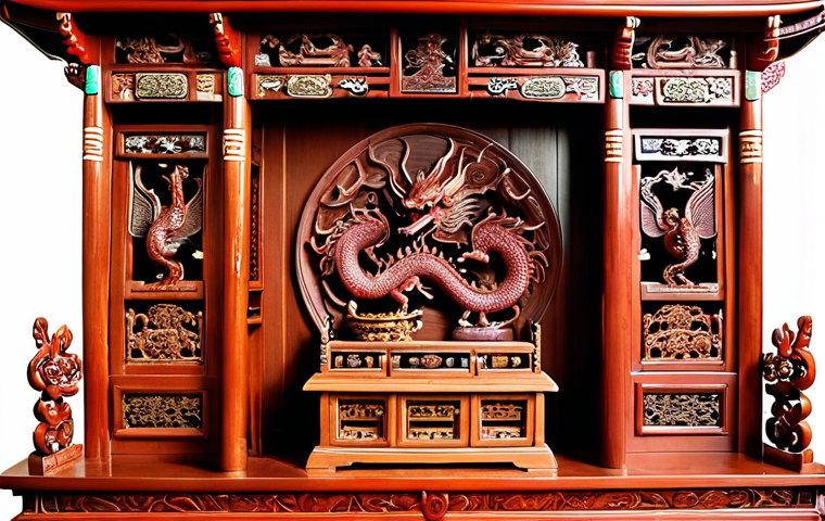 **Intricately carved wooden ancestral altar:** A close-up shot of a traditional Vietnamese wooden altar, showcasing detailed carvings of dragons and phoenixes. Emphasize the craftsmanship and cultural significance.