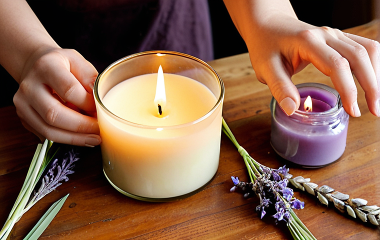 ** "A close-up, warm-toned photograph of hands engaged in the process of making handmade scented candles. The scene features a delicate pour of melted natural soy wax into an elegant glass container, with various bottles of essential oils (like lavender and lemongrass) and dried botanical elements scattered artistically on a wooden surface. Soft, diffused natural light illuminates the crafting area, emphasizing the mindful, therapeutic, and natural aspects of the DIY candle-making process."

2.  **Prompt for