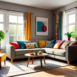 **

"A cozy living room with DIY curtains made from colorful fabric scraps, patchwork style, sunlight streaming through, potted plants, comfortable sofa, family-friendly atmosphere, safe for work, fully clothed, modest furniture, warm lighting, appropriate content, professional"

**