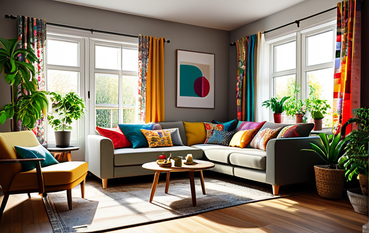 **
"A cozy living room with DIY curtains made from colorful fabric scraps, patchwork style, sunlight streaming through, potted plants, comfortable sofa, family-friendly atmosphere, safe for work, fully clothed, modest furniture, warm lighting, appropriate content, professional"
**
