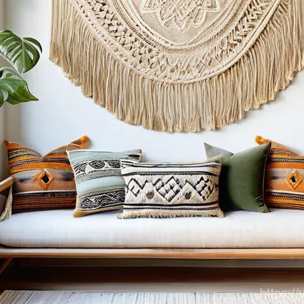 수공예 타피스트리 - **Bohemian Macrame Tapestry in a Sunlit Living Room:**
A vibrant, hand-woven bohemian macrame ta...
