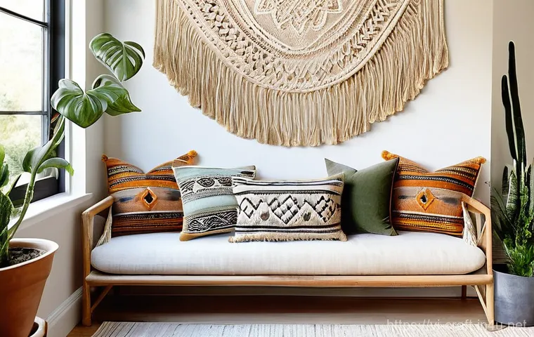수공예 타피스트리 - **Bohemian Macrame Tapestry in a Sunlit Living Room:**
    A vibrant, hand-woven bohemian macrame ta...