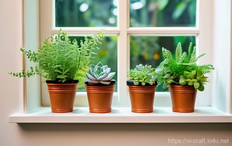 수공예 실내장식 만들기 - **Prompt:** A cozy, sun-drenched kitchen window sill adorned with a vibrant mini-garden. Various sma...