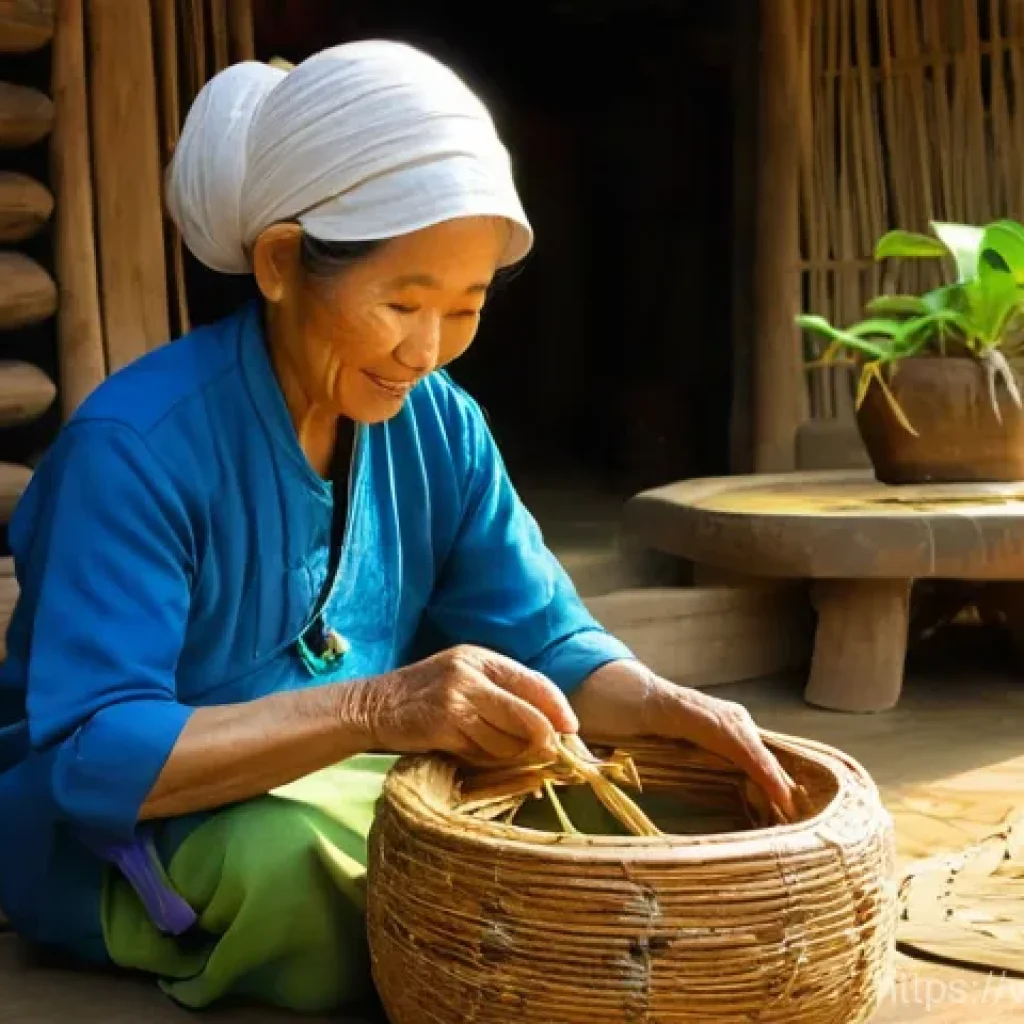 수공예 천연 섬유 활용 - **Image Prompt: "The Artisan's Legacy: Water Hyacinth Weaving in a Vietnamese Village"**
A capt...