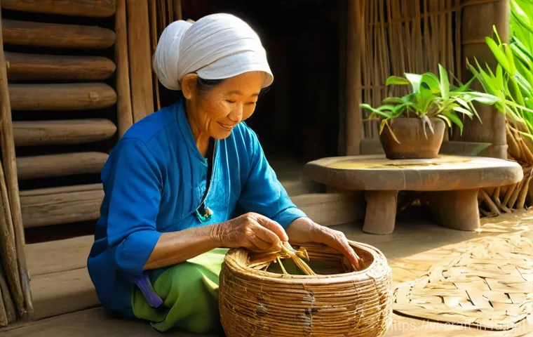 수공예 천연 섬유 활용 - **Image Prompt: "The Artisan's Legacy: Water Hyacinth Weaving in a Vietnamese Village"**
A capt...