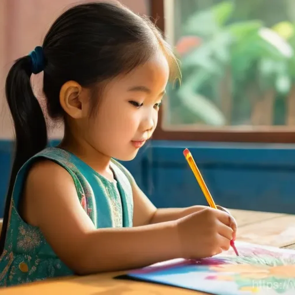 수공예 채색 기법 - **Prompt:** A young Vietnamese girl, around 7 years old, is sitting at a low wooden table in a sunli...