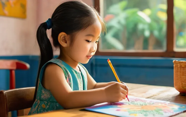 수공예 채색 기법 - **Prompt:** A young Vietnamese girl, around 7 years old, is sitting at a low wooden table in a sunli...