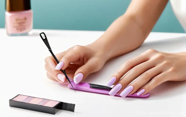 수공예 손톱아트 - **Prompt 1: DIY Nail Preparation and Tool Setup**
"A bright, high-angle close-up shot of a pair ...