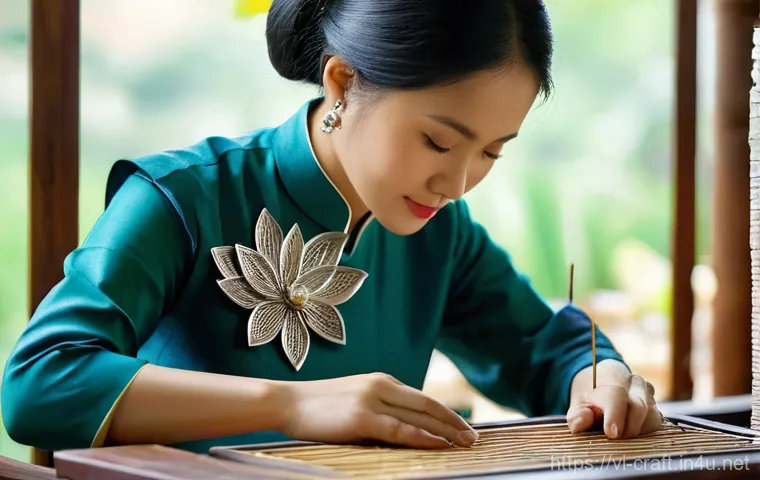 수공예 온라인 쇼핑몰 운영 - **Prompt 1: Vietnamese Artisan Crafting Intricate Silver Jewelry with Cultural Motifs**
A close-...
