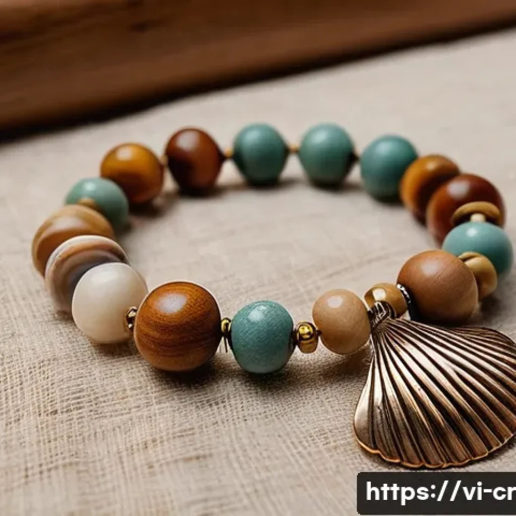 수공예 악세서리 디자인 - A detailed close-up of handcrafted natural accessories featuring polished wooden beads, natural ston...