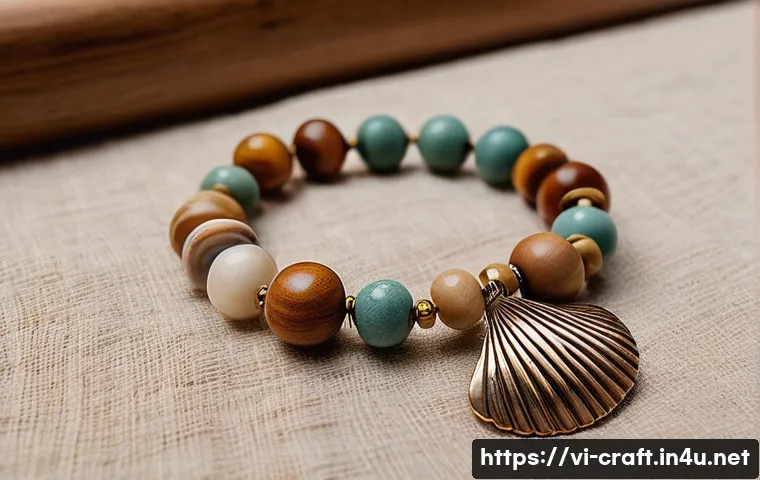 수공예 악세서리 디자인 - A detailed close-up of handcrafted natural accessories featuring polished wooden beads, natural ston...