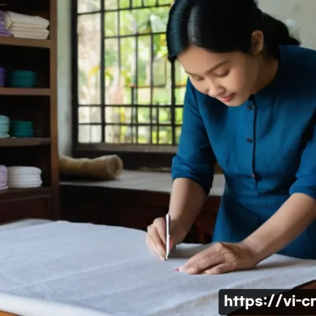 수공예 옷 만들기 - A cozy tailor's workshop scene in a Vietnamese home, featuring various fabric types such as cotton, ...