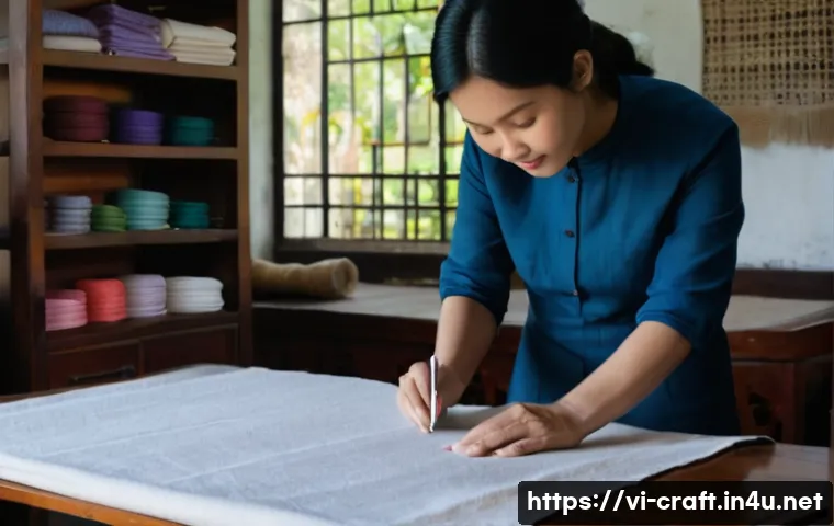 수공예 옷 만들기 - A cozy tailor's workshop scene in a Vietnamese home, featuring various fabric types such as cotton, ...