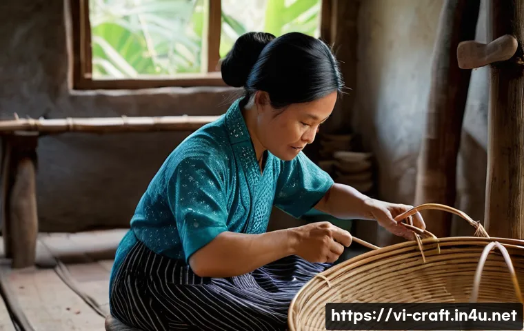수공예 고대 공예 - A skilled Vietnamese artisan from Central Vietnam weaving bamboo and rattan baskets in a traditional...