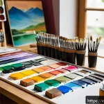 Home 21 수공예 아크릴 공예 - A vibrant acrylic painting workspace featuring a variety of acrylic paint tubes in Vietnamese brands...