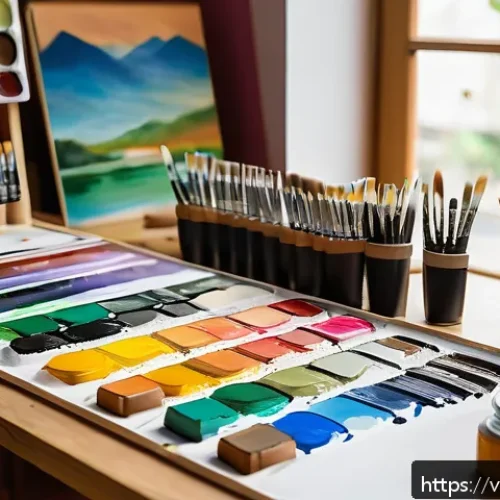 Home 33 수공예 아크릴 공예 - A vibrant acrylic painting workspace featuring a variety of acrylic paint tubes in Vietnamese brands...