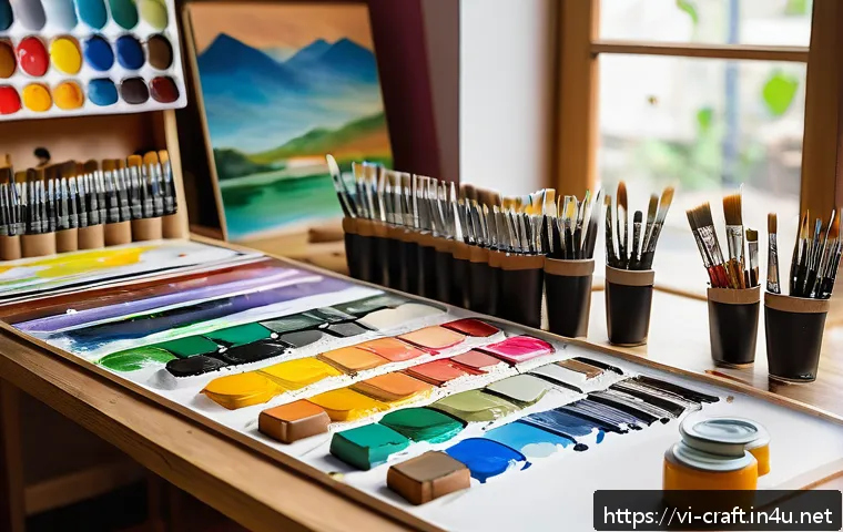 수공예 아크릴 공예 - A vibrant acrylic painting workspace featuring a variety of acrylic paint tubes in Vietnamese brands...