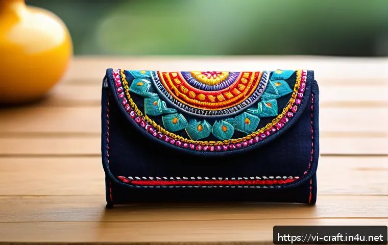 수공예 맞춤형 상품 제작 - A vibrant handcrafted Vietnamese wallet made from eco-friendly fabric with traditional embroidery pa...