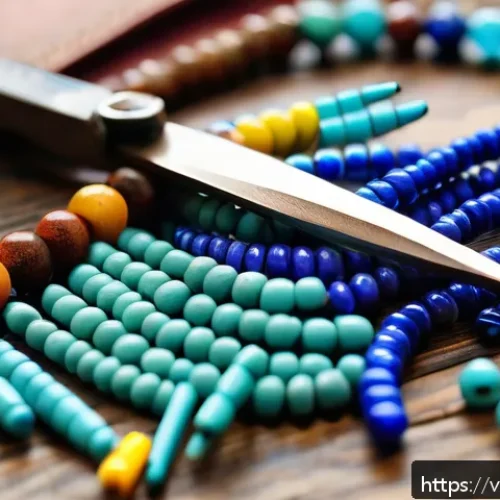Home 31 수공예 주얼리 셀프 제작 - A detailed close-up of handmade jewelry materials arranged artistically on a rustic wooden table: co...