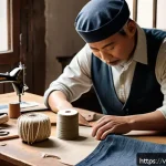 Home 18 수공예 모자 만들기 - A cozy artisan workspace featuring a tailor carefully crafting a handmade bucket hat from durable ca...