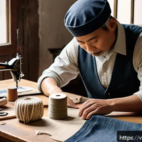 Home 30 수공예 모자 만들기 - A cozy artisan workspace featuring a tailor carefully crafting a handmade bucket hat from durable ca...