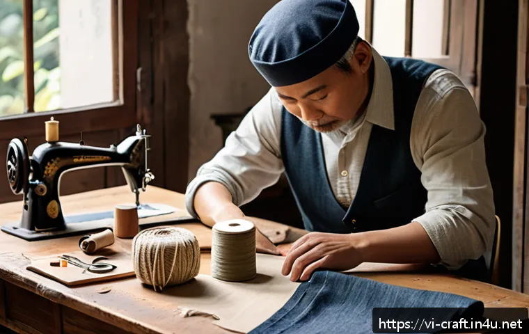 수공예 모자 만들기 - A cozy artisan workspace featuring a tailor carefully crafting a handmade bucket hat from durable ca...