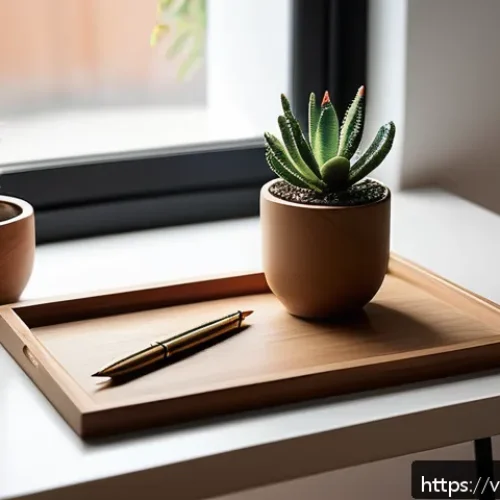Home 17 수공예 탁상 소품 - A cozy, well-lit home workspace featuring handcrafted natural wood accessories: a small wooden tray,...