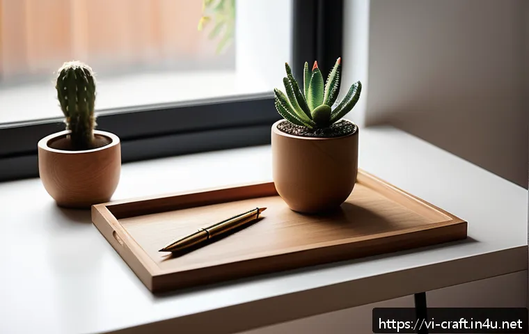 수공예 탁상 소품 - A cozy, well-lit home workspace featuring handcrafted natural wood accessories: a small wooden tray,...