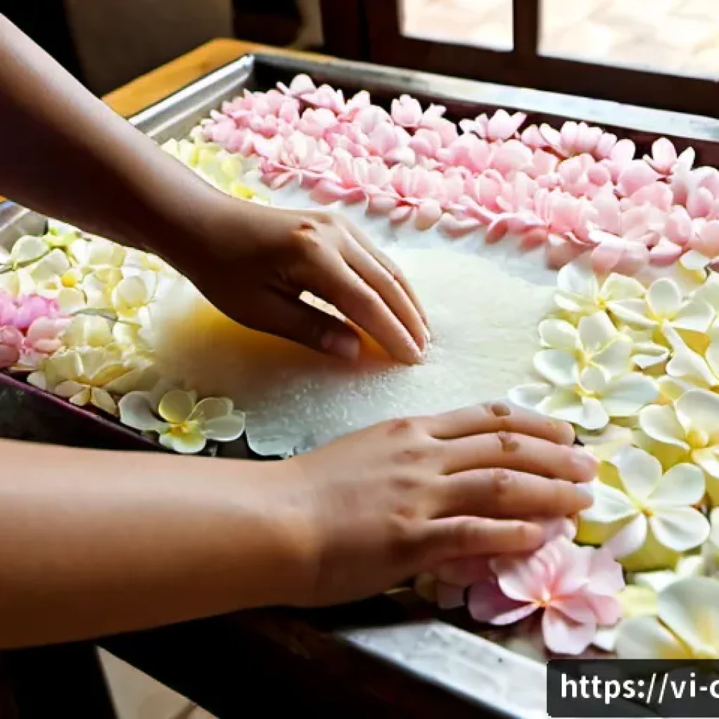 수공예 비누꽃 만들기 - Photorealistic close-up of skilled Vietnamese hands crafting delicate soap flower petals from pastel...