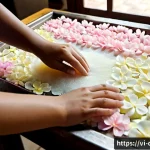 수공예 비누꽃 만들기 - Photorealistic close-up of skilled Vietnamese hands crafting delicate soap flower petals from pastel...