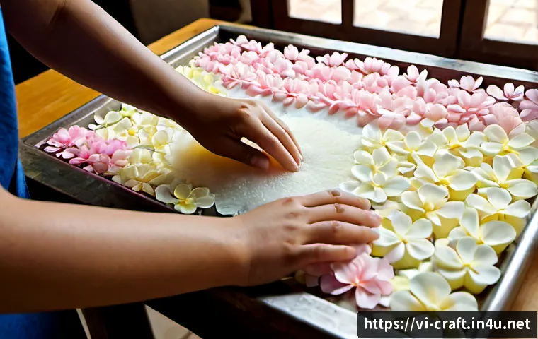수공예 비누꽃 만들기 - Photorealistic close-up of skilled Vietnamese hands crafting delicate soap flower petals from pastel...