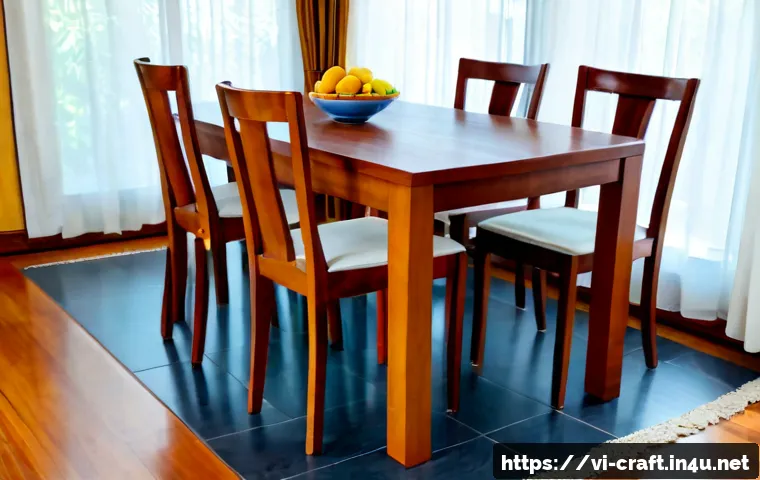 Home 17 수공예 원목 가구 - Photorealistic handcrafted solid wood dining table in a bright Vietnamese family home, warm honey-to...