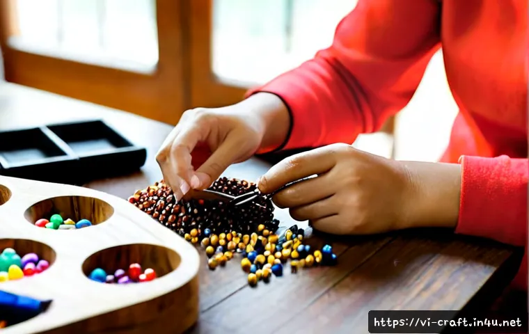 수공예 핸드메이드 액세서리 - Photorealistic close-up of a Vietnamese artisan’s hands assembling delicate handmade beaded earrings...